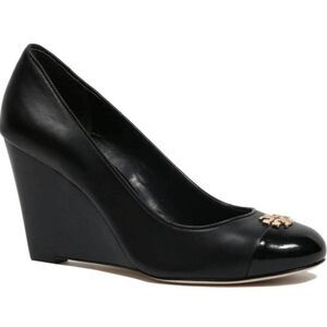 TORY BURCH Jolie Black Leather Wedge Pumps Size 9.5M